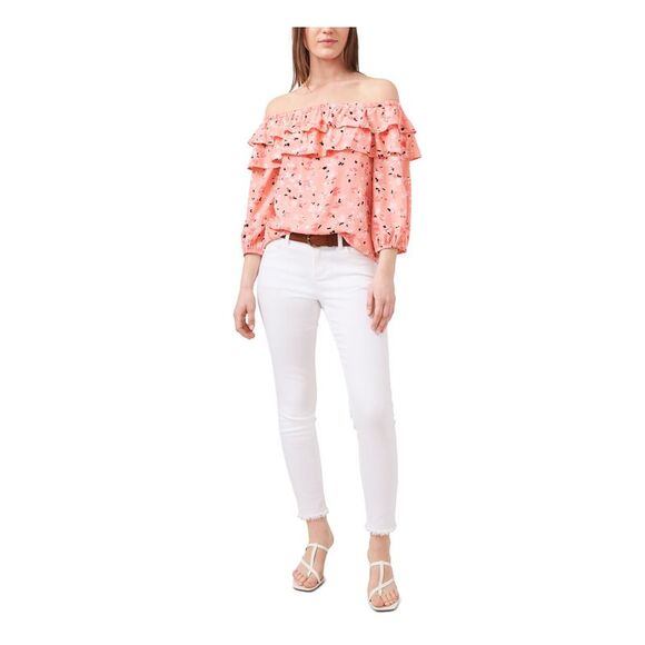 RILEY&RAE Womens Coral Stretch 3/4 Balloon Sleeves Tiered Off Shoulder Top S - Picture 3 of 4